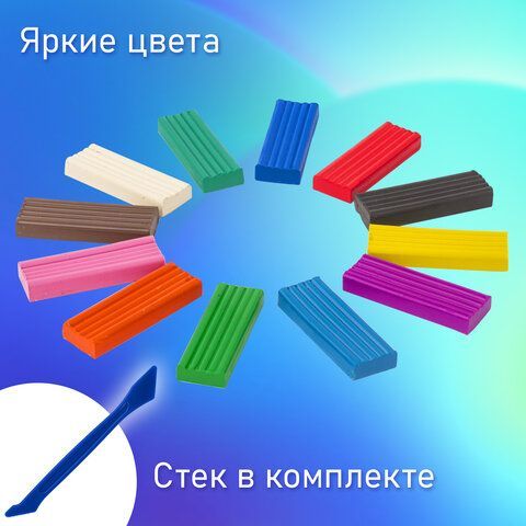 Пластилин классический BRAUBERG &quot;АКАДЕМИЯ&quot;, 12 цветов, 240 г, со стеком, картонная упаковка, 103256