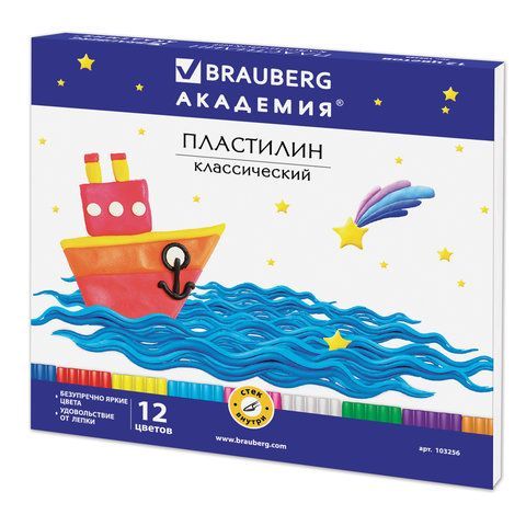 Пластилин классический BRAUBERG 2 шт. &quot;АКАДЕМИЯ&quot;, 12 цветов, 240 г, со стеком, картонная упаковка, 103256