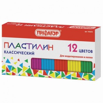 Пластилин классический ПИФАГОР 10 шт., 12 цветов, 120 г, картонная упаковка, 103678