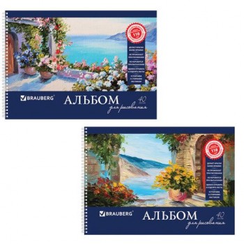 Альбом для рисования, А4, 40 листов, гребень, обложка картон, BRAUBERG 2 шт., 205х290 мм, "Пейзаж с цветами" (2 вида), 103730