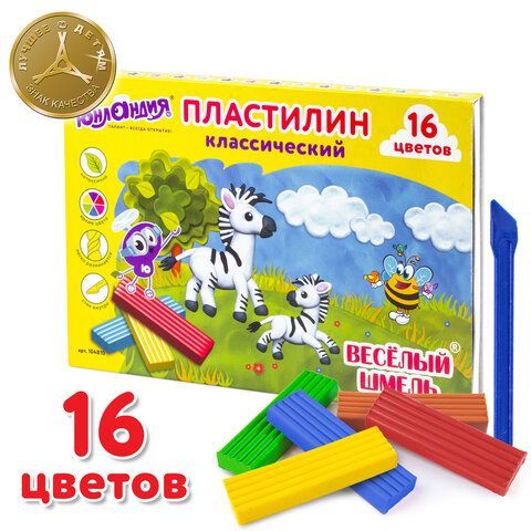 Пластилин классический ЮНЛАНДИЯ &quot;ВЕСЁЛЫЙ ШМЕЛЬ&quot;, 16 цветов, 240 г, СО СТЕКОМ, 104810