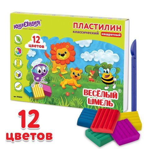 Пластилин классический ЮНЛАНДИЯ &quot;ВЕСЁЛЫЙ ШМЕЛЬ&quot;, 12 цветов, 204 г, СО СТЕКОМ, КВАДРАТНЫЙ, 104823