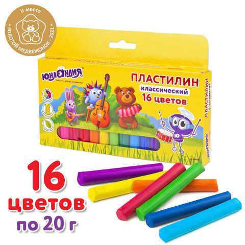 Пластилин классический ЮНЛАНДИЯ &quot;ЮНЛАНДИК-МУЗЫКАНТ&quot;, 16 цветов, 320 г, ВЫСШЕЕ КАЧЕСТВО, 105030