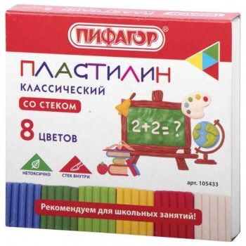 Пластилин классический ПИФАГОР 2 шт. ШКОЛЬНЫЙ, 8 цветов, 120 г, со стеком, 105433