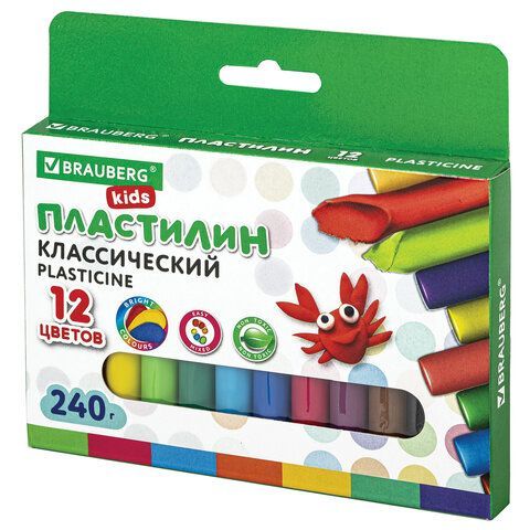 Пластилин классический BRAUBERG KIDS 2 шт., 12 цветов, 240 г, ВЫСШЕЕ КАЧЕСТВО, 105873