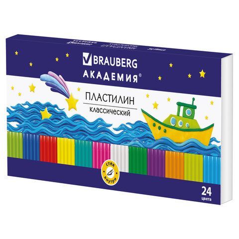 Пластилин классический BRAUBERG &quot;АКАДЕМИЯ&quot;, 24 цвета, 480 г, со стеком, ВЫСШЕЕ КАЧЕСТВО, 105899
