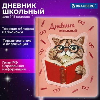 Дневник 1-11 класс 48 л., кожзам (твердая с поролоном), тиснение, аппликация, BRAUBERG, "Smart Cat", 106206