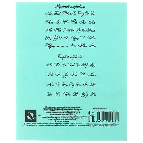 Тетрадь ЗЕЛЁНАЯ обложка 12 л., косая линия с полями, офсет, &quot;ПЗБМ&quot;, 19971