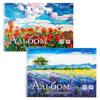 Альбом для рисования, А4, 48 л., гребень, обложка картон, BRAUBERG 2 шт., 205х290 мм, "Летний пейзаж" (2 вида), 106328