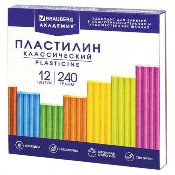 Пластилин классический BRAUBERG 2 шт. "АКАДЕМИЯ КЛАССИЧЕСКАЯ", 12 цветов, 240 г, СТЕК, ВЫСШЕЕ КАЧЕСТВО, 106423