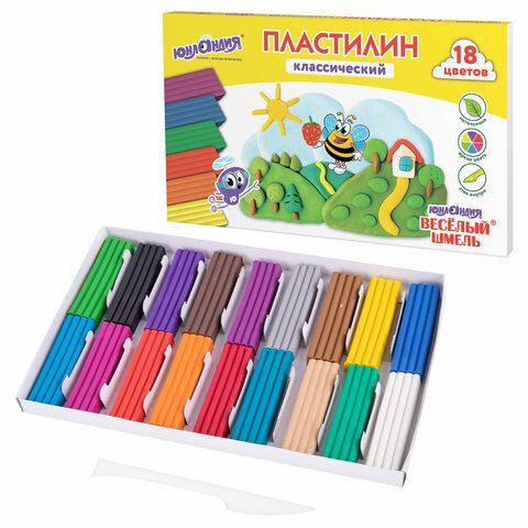 Пластилин классический ЮНЛАНДИЯ &quot;ВЕСЁЛЫЙ ШМЕЛЬ&quot;, 18 цветов, 360 грамм, стек, ВЫСШЕЕ КАЧЕСТВО, 106432