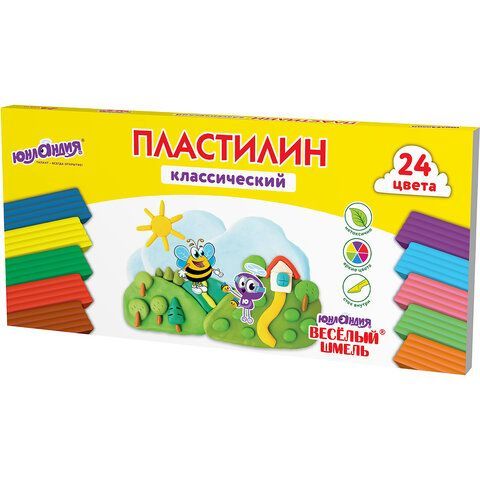 Пластилин классический ЮНЛАНДИЯ &quot;ВЕСЁЛЫЙ ШМЕЛЬ&quot;, 24 цвета, 480 грамм, стек, ВЫСШЕЕ КАЧЕСТВО, 106433