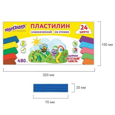 Пластилин классический ЮНЛАНДИЯ &quot;ВЕСЁЛЫЙ ШМЕЛЬ&quot;, 24 цвета, 480 грамм, стек, ВЫСШЕЕ КАЧЕСТВО, 106433