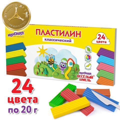 Пластилин классический ЮНЛАНДИЯ &quot;ВЕСЁЛЫЙ ШМЕЛЬ&quot;, 24 цвета, 480 грамм, стек, ВЫСШЕЕ КАЧЕСТВО, 106433