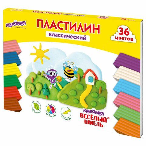 Пластилин классический ЮНЛАНДИЯ &quot;ВЕСЁЛЫЙ ШМЕЛЬ&quot;, 36 цветов, 720 грамм, СО СТЕКОМ, ВЫСШЕЕ КАЧЕСТВО, 106434