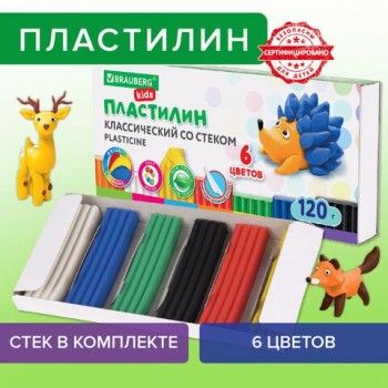 Пластилин классический BRAUBERG KIDS 4 шт., 6 цветов, 120 г, стек, ВЫСШЕЕ КАЧЕСТВО, 106435