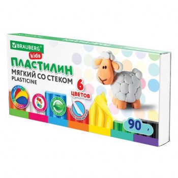 Пластилин мягкий восковой BRAUBERG KIDS 3 шт., 6 цветов, 90 г, со стеком, 106493