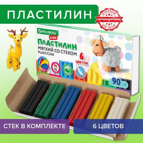 Пластилин мягкий восковой BRAUBERG KIDS 3 шт., 6 цветов, 90 г, со стеком, 106493