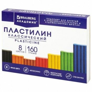 Пластилин классический BRAUBERG 2 шт. "АКАДЕМИЯ КЛАССИЧЕСКАЯ", 8 цветов, 160 г, стек, ВЫСШЕЕ КАЧЕСТВО, 106500