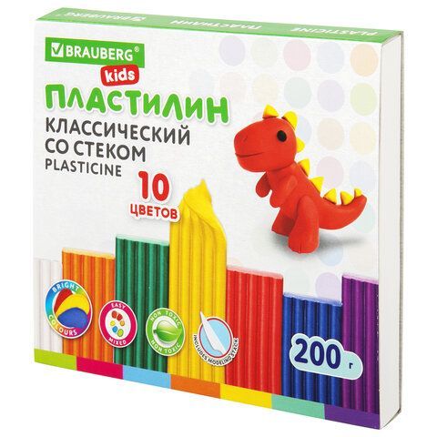 Пластилин классический BRAUBERG KIDS 2 шт., 10 цветов, 200 г, со стеком, 106504
