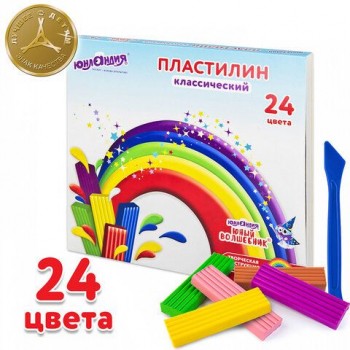 Пластилин классический ЮНЛАНДИЯ "ЮНЫЙ ВОЛШЕБНИК", 24 цвета, 480 г, СО СТЕКОМ, 106511