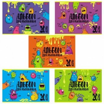Альбом для рисования, А4, 20 л., скоба, обложка картон, выборочный лак, HATBER 6 шт., 205х290 мм, "Монстрики" (5 видов), 20А4вмВ