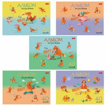 Альбом для рисования, А4, 40 л., скоба, обложка картон, выборочный лак, HATBER 7 шт., 205х290 мм, "Fox Rules" (5 видов), 40А4В