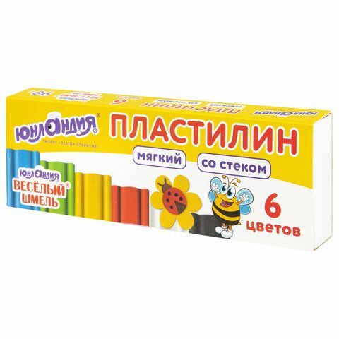 Пластилин мягкий ЮНЛАНДИЯ 4 шт. &quot;ВЕСЕЛЫЙ ШМЕЛЬ&quot;, 6 цветов, 90 г, СО СТЕКОМ, 106671