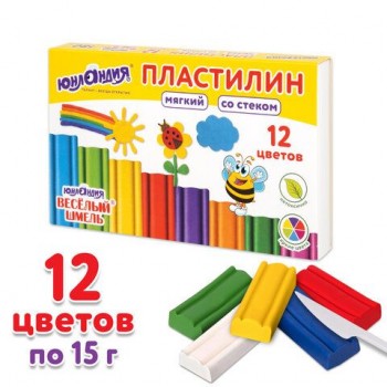 Пластилин мягкий ЮНЛАНДИЯ 2 шт. "ВЕСЕЛЫЙ ШМЕЛЬ", 12 цветов, 180 г, СО СТЕКОМ, 106672