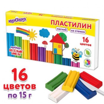 Пластилин мягкий ЮНЛАНДИЯ "ВЕСЕЛЫЙ ШМЕЛЬ", 16 цветов, 240 г, СО СТЕКОМ, 106673