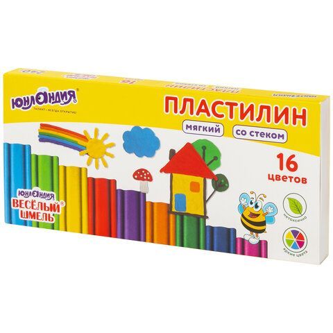 Пластилин мягкий ЮНЛАНДИЯ &quot;ВЕСЕЛЫЙ ШМЕЛЬ&quot;, 16 цветов, 240 г, СО СТЕКОМ, 106673