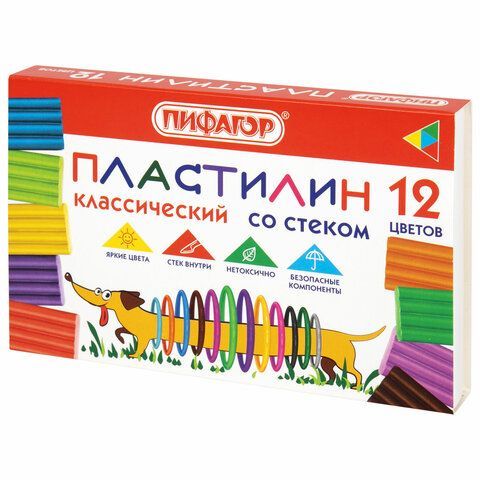 Пластилин классический ПИФАГОР 2 шт. &quot;Веселая такса&quot;, 12 цветов, 180 г, СО СТЕКОМ, 106675