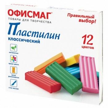 Пластилин классический ОФИСМАГ 4 шт., 12 цветов, 240 г, СО СТЕКОМ, 106677