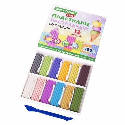 Пластилин классический пастельные цвета BRAUBERG KIDS 2 шт., 12 цветов, 180 грамм, стек, 106681