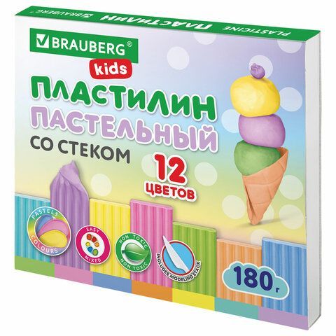 Пластилин классический пастельные цвета BRAUBERG KIDS 2 шт., 12 цветов, 180 грамм, стек, 106681