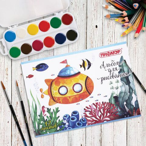 Альбом для рисования А4 12 л., скоба, обложка офсет, ПИФАГОР 6 шт., 203х288 мм, "Океан" (2 вида), 106687