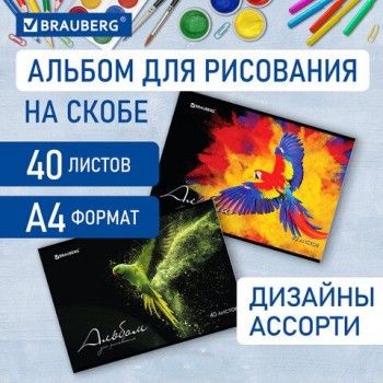 Альбом для рисования А4, 40 л., скоба, обложка картон, BRAUBERG 3 шт., 205х290 мм, "Полёт" (2 вида), 106707