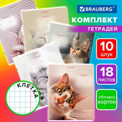 Тетради ДЭК 18 л. КОМПЛЕКТ 10 шт., BRAUBERG, клетка, обложка картон, Котики, 106757