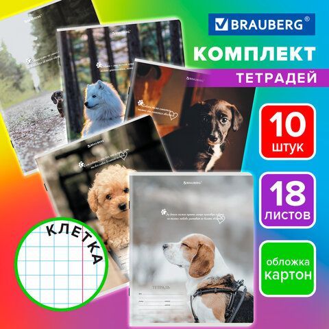 Тетради ДЭК 18 л. КОМПЛЕКТ 10 шт., BRAUBERG, клетка, обложка картон, Щеночки, 106758