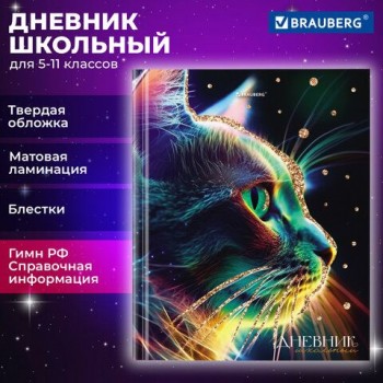 Дневник 5-11 класс 48 л., твердый, BRAUBERG, блестки, с подсказом, "Волшебный кот", 106891