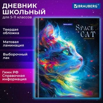Дневник 5-11 класс 48 л., твердый, BRAUBERG, выборочный лак, с подсказом, Волшебный кот, 107197