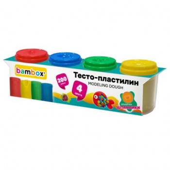 Тесто пластилин для лепки СУПЕР ПЛАСТИЧНОЕ, 4 цвета, 200г, крышки-штампики, BAMBOX 12 шт. (БАМБОКС), 107247