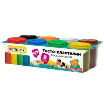 Тесто пластилин для лепки СУПЕР ПЛАСТИЧНОЕ, 8 цветов, 400г, крышки-штампики, BAMBOX (БАМБОКС), 107248