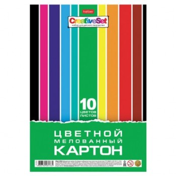 Картон цветной А4 МЕЛОВАННЫЙ, 10л. 10цв., с европодвесом, HATBER 4 шт., 195х280мм, Creative,10Кц4, 10Кц4_05930