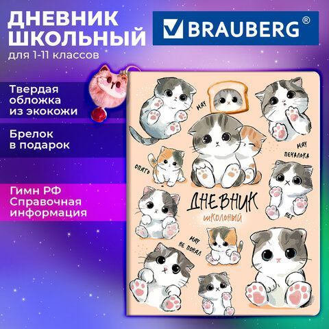 Дневник 1-11 класс 48л, кожзам (твердая), брелок, BRAUBERG, Мемы Коты, 107646