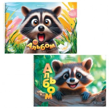 Альбомы д/рис. ДЭК, А4, 40 л., КОМПЛЕКТ 2 шт., гребень, глянцевый лак, BRAUBERG, 200х290 мм, "Енот", 107738