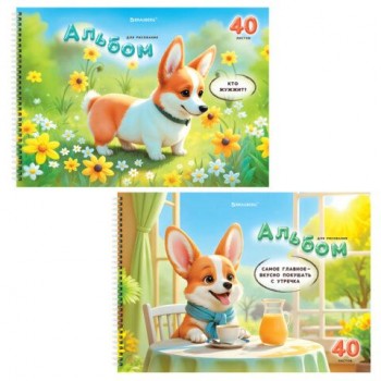 Альбомы д/рис. ДЭК, А4, 40 л., КОМПЛЕКТ 2 шт., гребень, глянцевый лак, BRAUBERG, 200х290 мм, "Корги", 107739