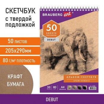 Скетчбук, крафт-бумага 80 г/м2, 205х290 мм, 50 л., гребень, жёсткая подложка, BRAUBERG ART DEBUT, 110982