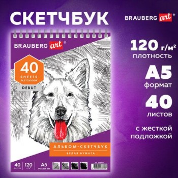 Скетчбук, белая бумага 120 г/м2, 145х205 мм, 40 л., гребень, жёсткая подложка, BRAUBERG ART 3 шт. DEBUT, 110988