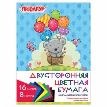 Цветная бумага, А4, 2-сторонняя газетная, 16 листов, 8 цветов, на скобе, ПИФАГОР 6 шт., 200х280 мм, "Мишутка", 111330